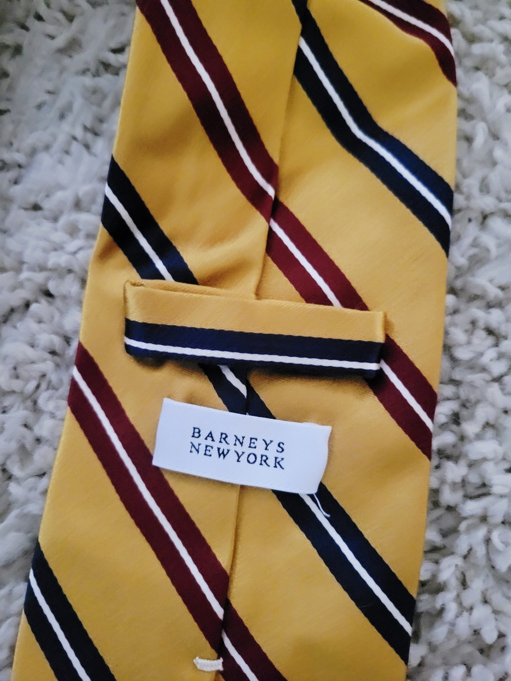 Barneys New York Yellow Tie with Burgundy and Black Stripes